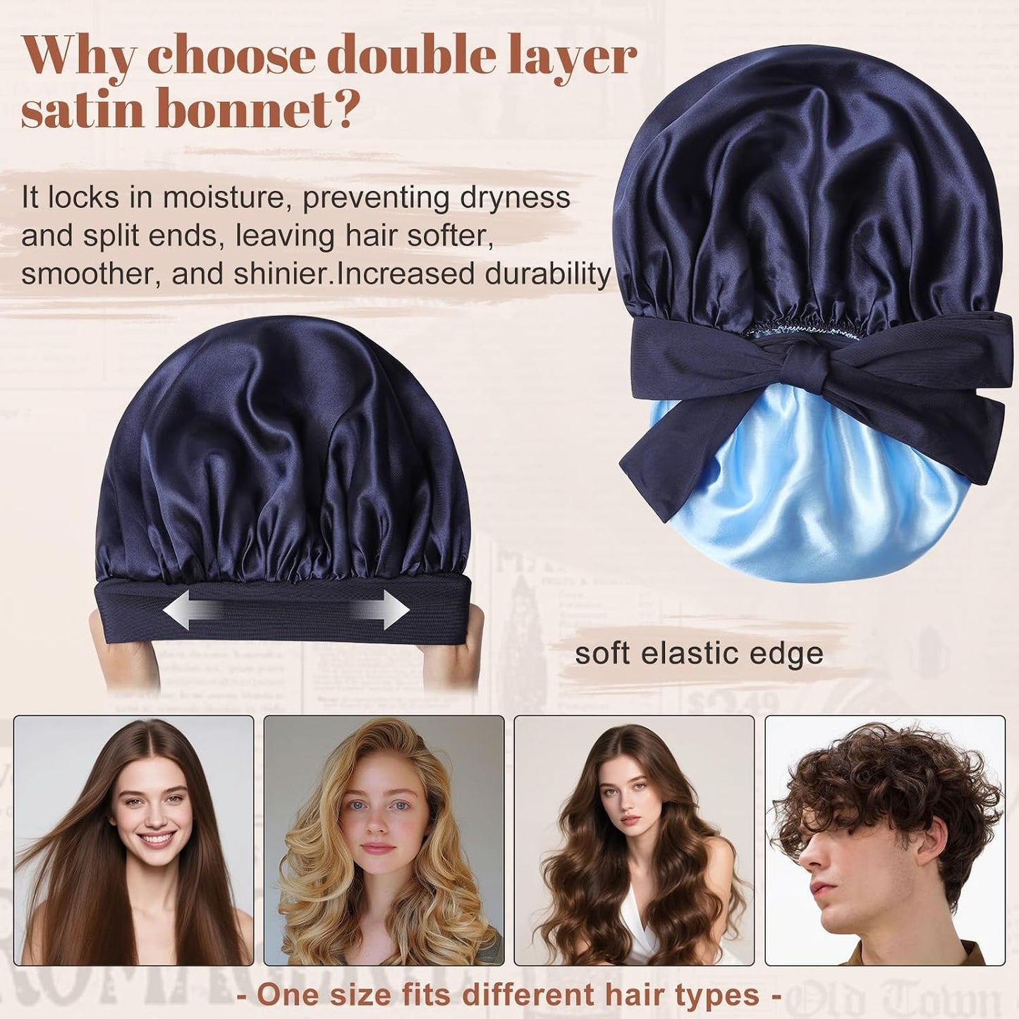 Satin Bonnet for Sleeping Cap Double Layer Hair Bonnet with Elastic Tie Band for Curly Hair Night Cap (Bean Paste + Pink)