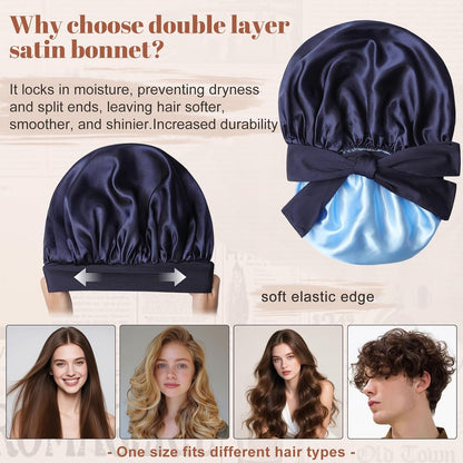Satin Bonnet for Sleeping Cap Double Layer Hair Bonnet with Elastic Tie Band for Curly Hair Night Cap (Bean Paste + Pink)
