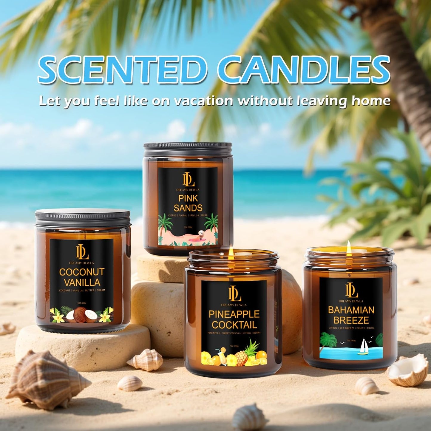 Scented Candles Set, 4 Pack Soy Candles for Home Scented, Candle Gifts for Women Men, 28oz 200 Hours Burn, Scents of Pineapple Cocktail/Coconut Vanilla/Pink Sands/Bahamian Breeze