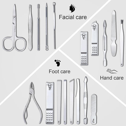 Yougai Manicure Set 18 Pieces Professional Nail Clippers Pedicure Kit Men Women, Stainless Steel Fingernail Toenail Cutters, Nail Care Grooming Tools with Leather Travel Case