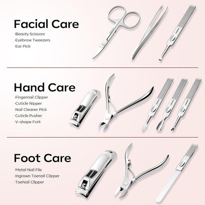 FAMILIFE Gifts for Women, Manicure Set Professional Manicure Kit 11 in 1 Nail Kit Nail Clippers Tools Stainless Steel with Rose Gold Leather Case Travel Sets