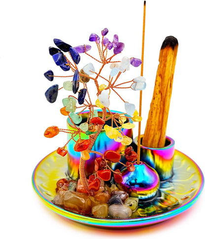 5 in 1 Incense Burner Holder with Crystal Healing Tree, Palo Santo Holder, Sage Holder, Incense Holder for Sticks/Cones/Candles, Ceramic Tray Ash Catcher for Burning Incense, Meditation Gift