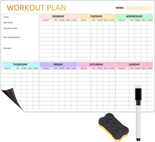 Workout Plan Dry Erase Magnetic Whiteboard for Refrigerator-Weekly Fitness Tracker Gym Exercise Tracker Schedules and Checklists