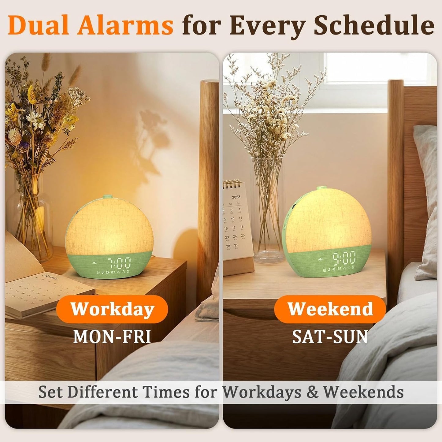 Sunrise Alarm Clock with Sound Machine - Wake Up Light, Wood Grain, Bluetooth, Dual Digital Alarm Clocks for Bedrooms, Adjustable Brightness, 30 Sleep Sounds, White Noise Machine for Baby & Adults
