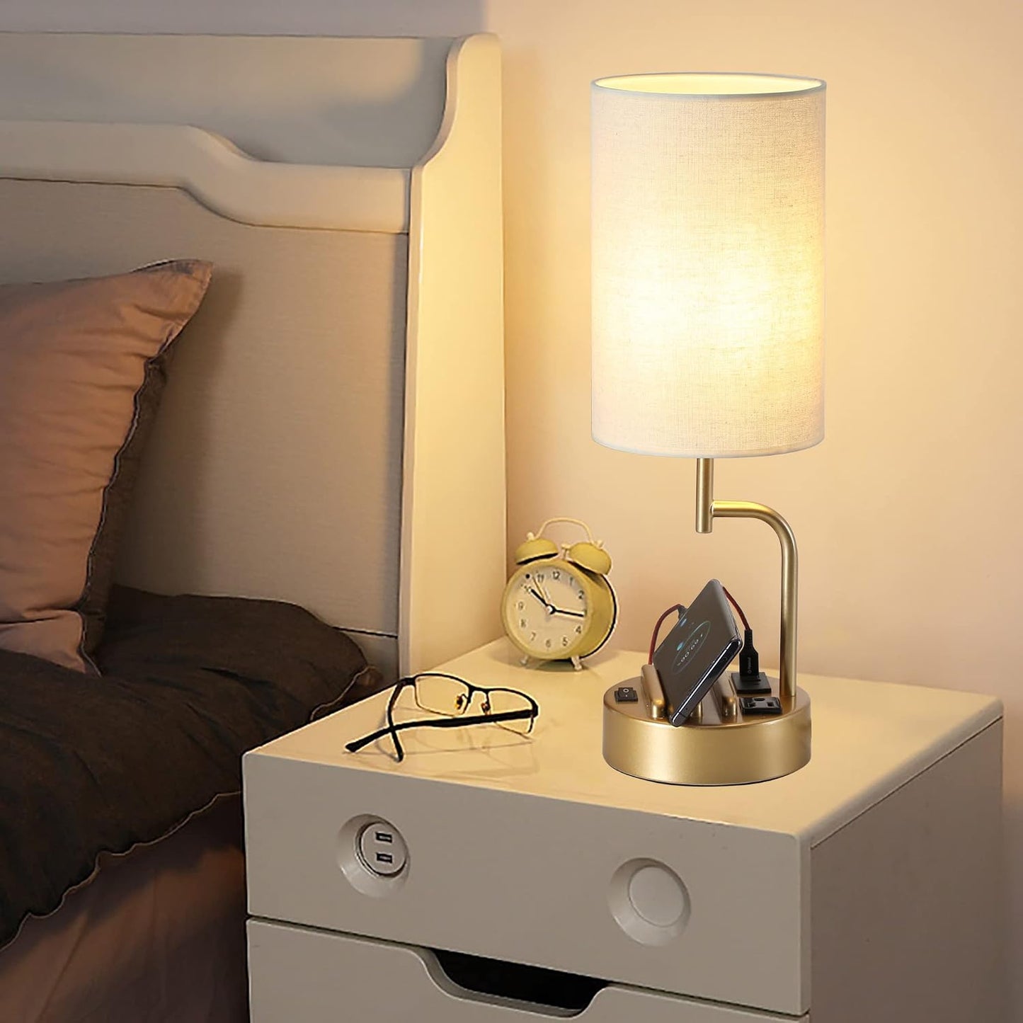 Dreamholder Table Lamp with 3 USB Charging Ports, Modern Desk Lamp with AC Outlet and Phone Stands, Perfect Bedside Lamp for Bedroom, Living Room, Office (Pack of 2), Cream