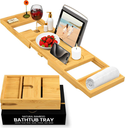 Bambüsi Bathtub Tray for Tub - Brown Bamboo Bath Tray, Expandable Wooden Bath Caddy Tray with Wine Holder, Book and Tablet Stand, Bathroom Accessories, Tub Table, Spa Bath Gifts for Women and Couples