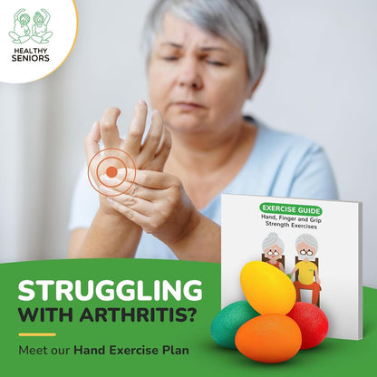 Healthy Seniors Hand Therapy Squeeze Balls – Set of 4 Egg-Shaped Silicone Exercise Balls | 4 Resistance Levels for Arthritis, Carpal Tunnel & Grip Rehab | Includes 16-Exercise Booklet + Video Guide