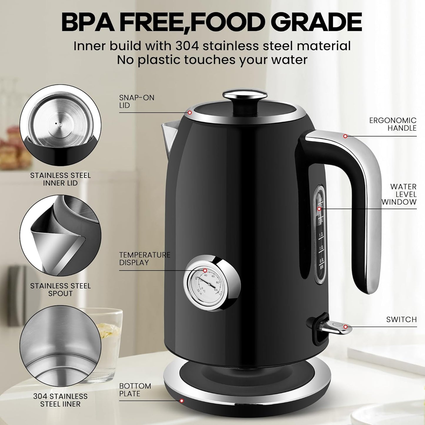 Pukomc Electric Kettle,1.7L Stainless Steel Electric tea kettle with Temperature Gauge, Fast Boiling, Auto Shut - off, BPA - Free, Boil - Dry Protection, (Retro Green)