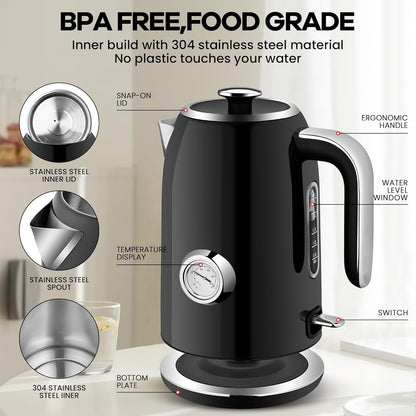 Pukomc Electric Kettle,1.7L Stainless Steel Electric tea kettle with Temperature Gauge, Fast Boiling, Auto Shut - off, BPA - Free, Boil - Dry Protection, (Retro Green)