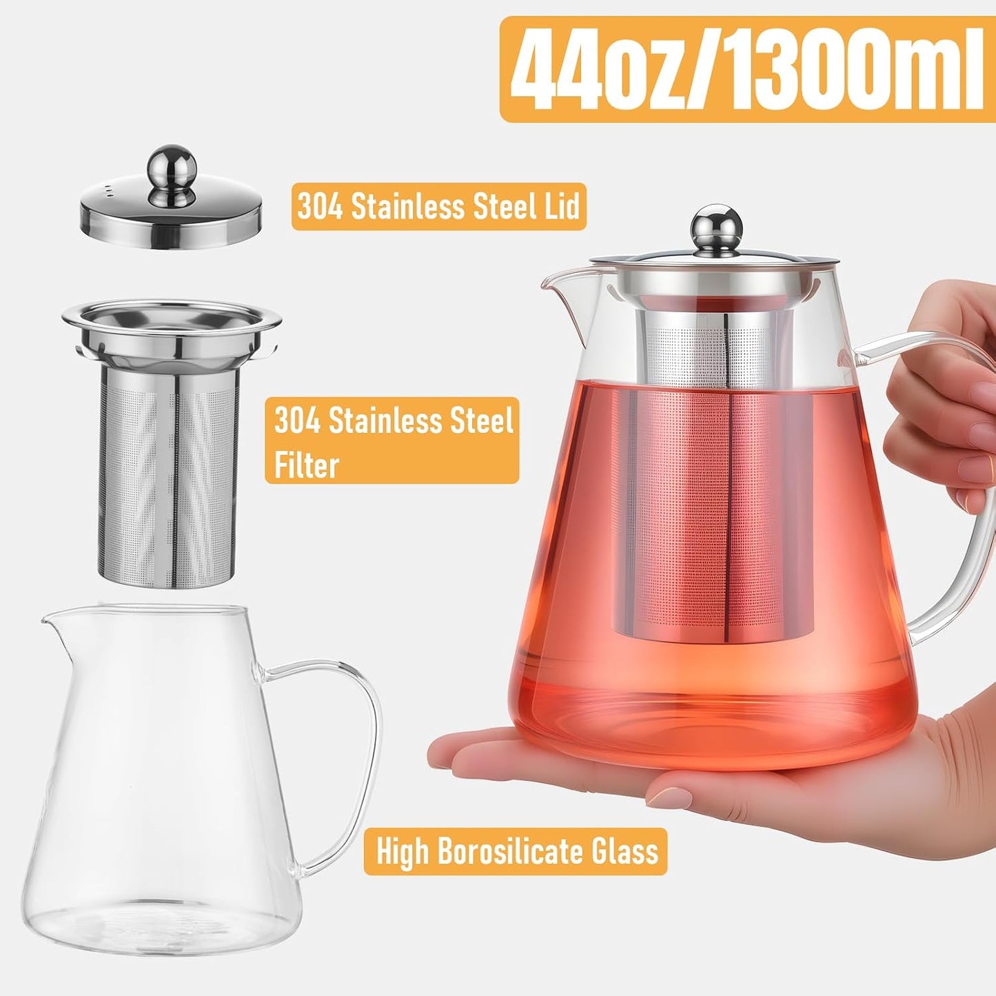 Baalaka Glass Teapot Stovetop 20 OZ/600ml, Tea pot with Removable 18/8 Stainless Steel Infuser, Borosilicate Clear Tea Kettle, Teapot Blooming and Loose Leaf Tea Maker Tea Brewer for Camping, Travel