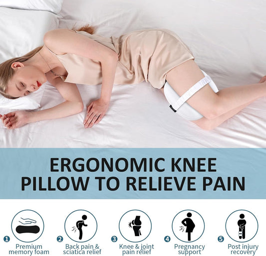 beslovo Side Sleeper Knee Pillow, Memory Foam Leg Pillow, Ergonomic Between Leg Pillow Eases Back Hip Pain, Spine Alignment Sciatica Relief, Knee Pillow with Ice Silk Cover and Elastic Strap (White)