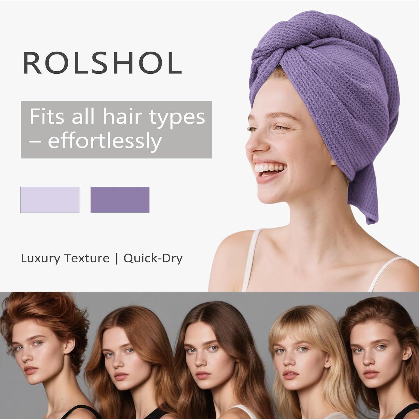 ROLSHOL 2 Pack Microfiber Hair Towel Wrap for Women, 32" x 11" Waffle Weave Hair Plopping Towel for Curly, Long & Thick Hair, Anti-Frizz Hair Turbans for Wet Hair (Pink, Grey)