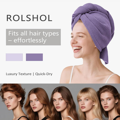 ROLSHOL 2 Pack Microfiber Hair Towel Wrap for Women, 32" x 11" Waffle Weave Hair Plopping Towel for Curly, Long & Thick Hair, Anti-Frizz Hair Turbans for Wet Hair (Pink, Grey)