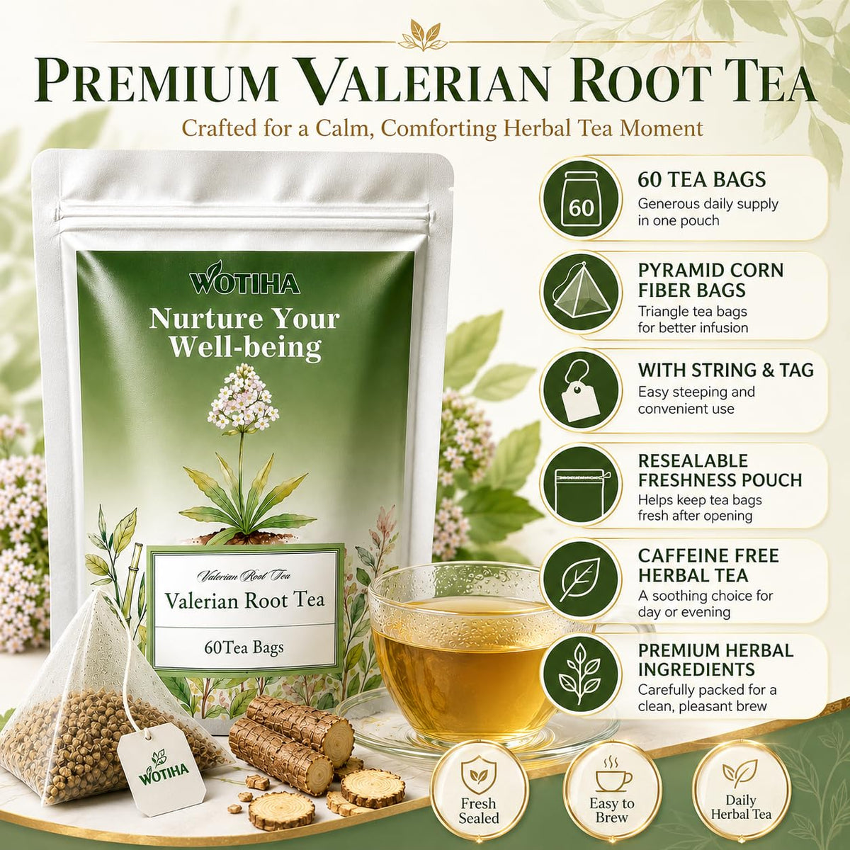 WOTIHA 60 Count Valerian Root Tea Bags - Pure Valeriana Herb for Bedtime Calm - Plant-Based Corn Fiber Pyramid Bags with String - Natural Earthy Flavor, Caffeine Free Herbal Tea