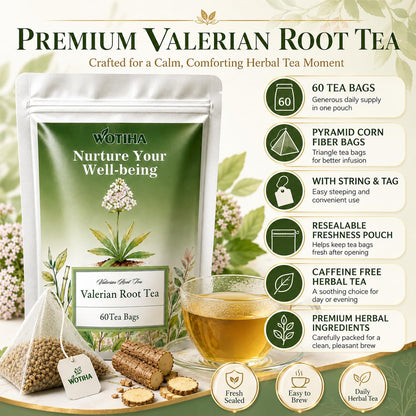 WOTIHA 60 Count Valerian Root Tea Bags - Pure Valeriana Herb for Bedtime Calm - Plant-Based Corn Fiber Pyramid Bags with String - Natural Earthy Flavor, Caffeine Free Herbal Tea