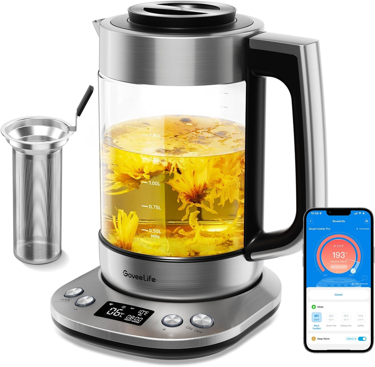 GoveeLife Smart Electric Kettle, Tea Infuser for Loose Leaf, 1.7L Silver