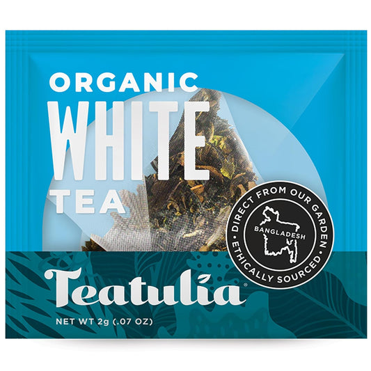 Teatulia Organic White Tea Bags (50 Wrapped Pyramid Sachet Teabags) Sustainably Grown in Bangladesh