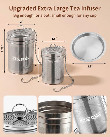 House Again 2 Pack Tea Infuser, Extra Fine Mesh Tea Infusers for Loose Tea, 18/8 Stainless Steel Tea Strainer with Extended Chain Hook, Tea Steeper for Brew Tea, Spices & Seasonings