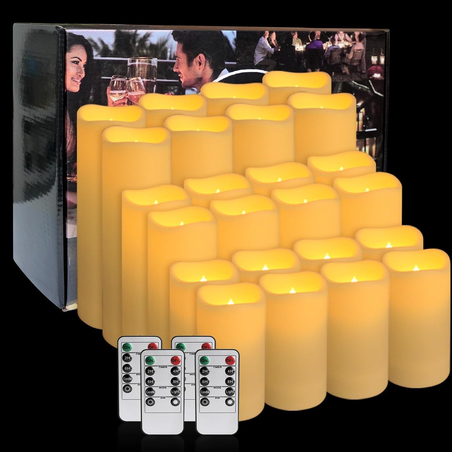 24 Pcs LED Flameless Candles with Remote, 3D Flickering Flame & LED String Lights, Acrylic Clear Cylinder, Timer Function, Romantic Ambience for Home Decor, Party, Wedding (Ivory).