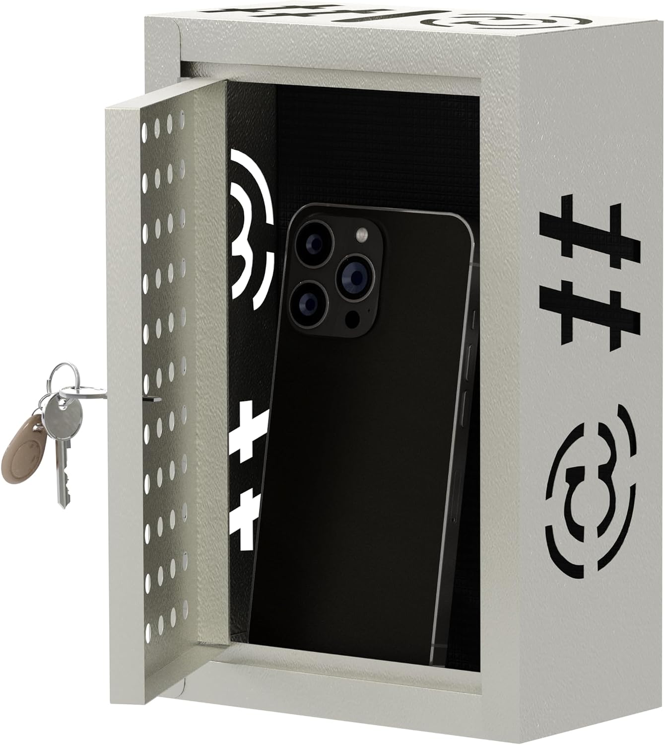 OSKIE Lockable Phone Downtime Box with Key, Metal Smartphone Storage Locker, Secure Phone Holder with Ventilation, Wall Mount or Desktop Organizer for Home, Office, Classroom (Gray White)