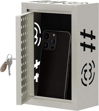 OSKIE Lockable Phone Downtime Box with Key, Metal Smartphone Storage Locker, Secure Phone Holder with Ventilation, Wall Mount or Desktop Organizer for Home, Office, Classroom (Gray White)