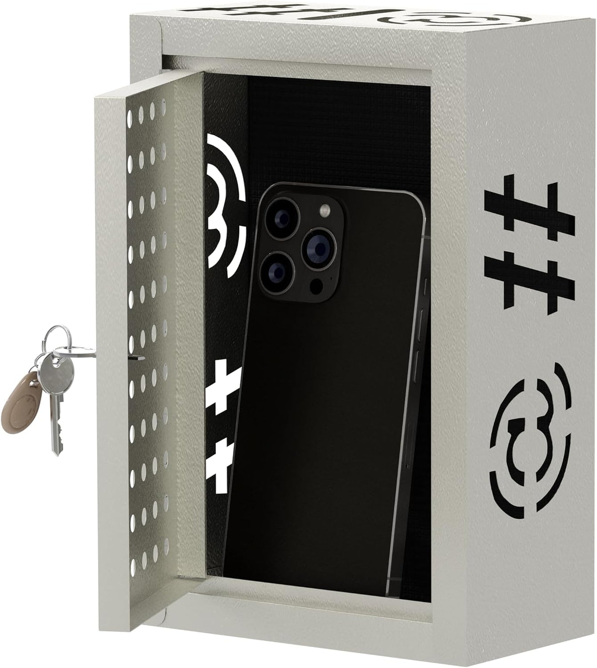OSKIE Lockable Phone Downtime Box with Key, Metal Smartphone Storage Locker, Secure Phone Holder with Ventilation, Wall Mount or Desktop Organizer for Home, Office, Classroom (Gray White)