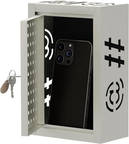 OSKIE Lockable Phone Downtime Box with Key, Metal Smartphone Storage Locker, Secure Phone Holder with Ventilation, Wall Mount or Desktop Organizer for Home, Office, Classroom (Gray White)