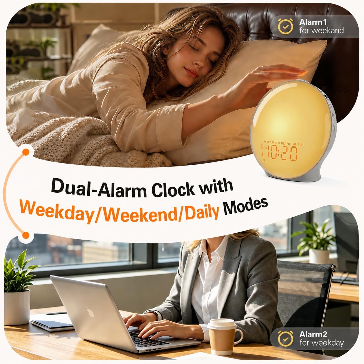 JALL Full-Screen Wake Up Light Sunrise Alarm Clocks for Bedrooms, White Noise Machine for Heavy Sleepers, 25 Natural Sounds, Dual Alarms, FM Radio, 17 Dimmable Colors, Bluetooth Speaker