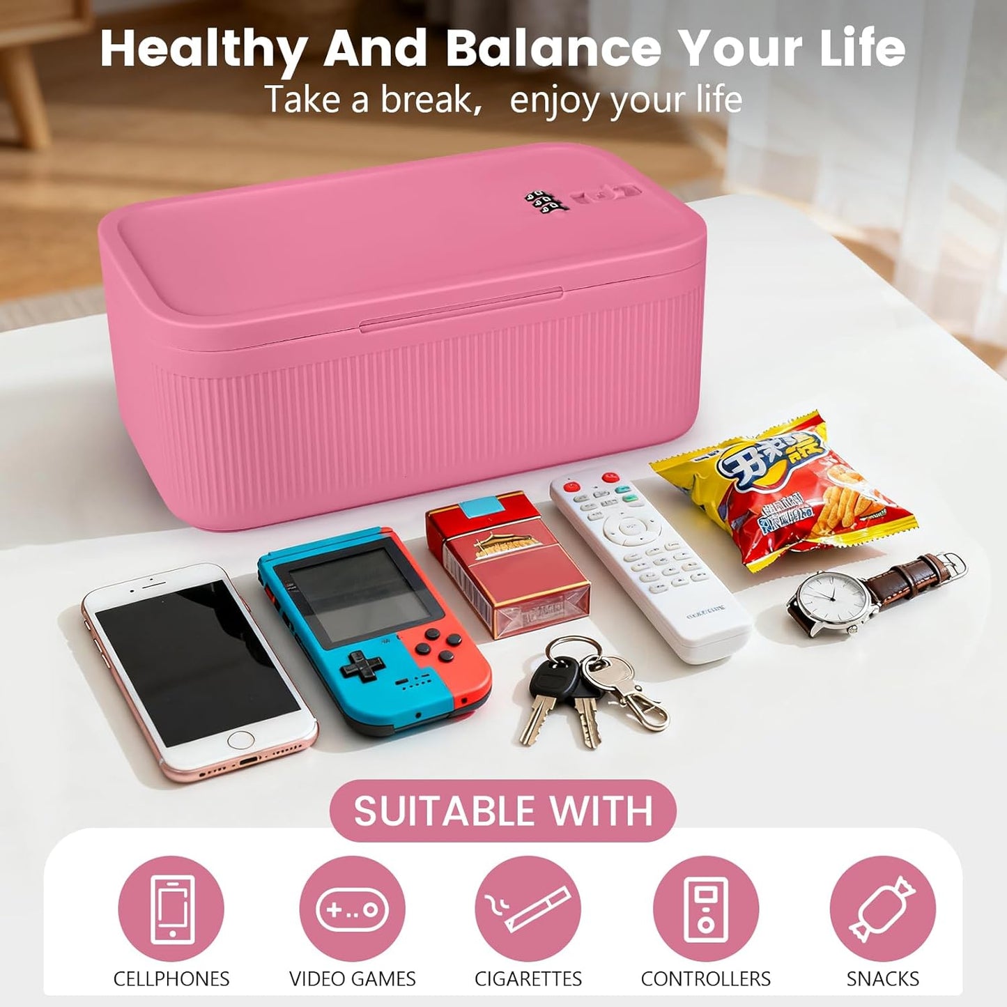 Small Lock Box, Lockable Storage Box with Combination Code for Medication Safe, Medicine Lock Box for Pills/First Aid Kits/Food/Snack Phone Jail, Locked Container for Home/Fridge/Office/School (Pink)