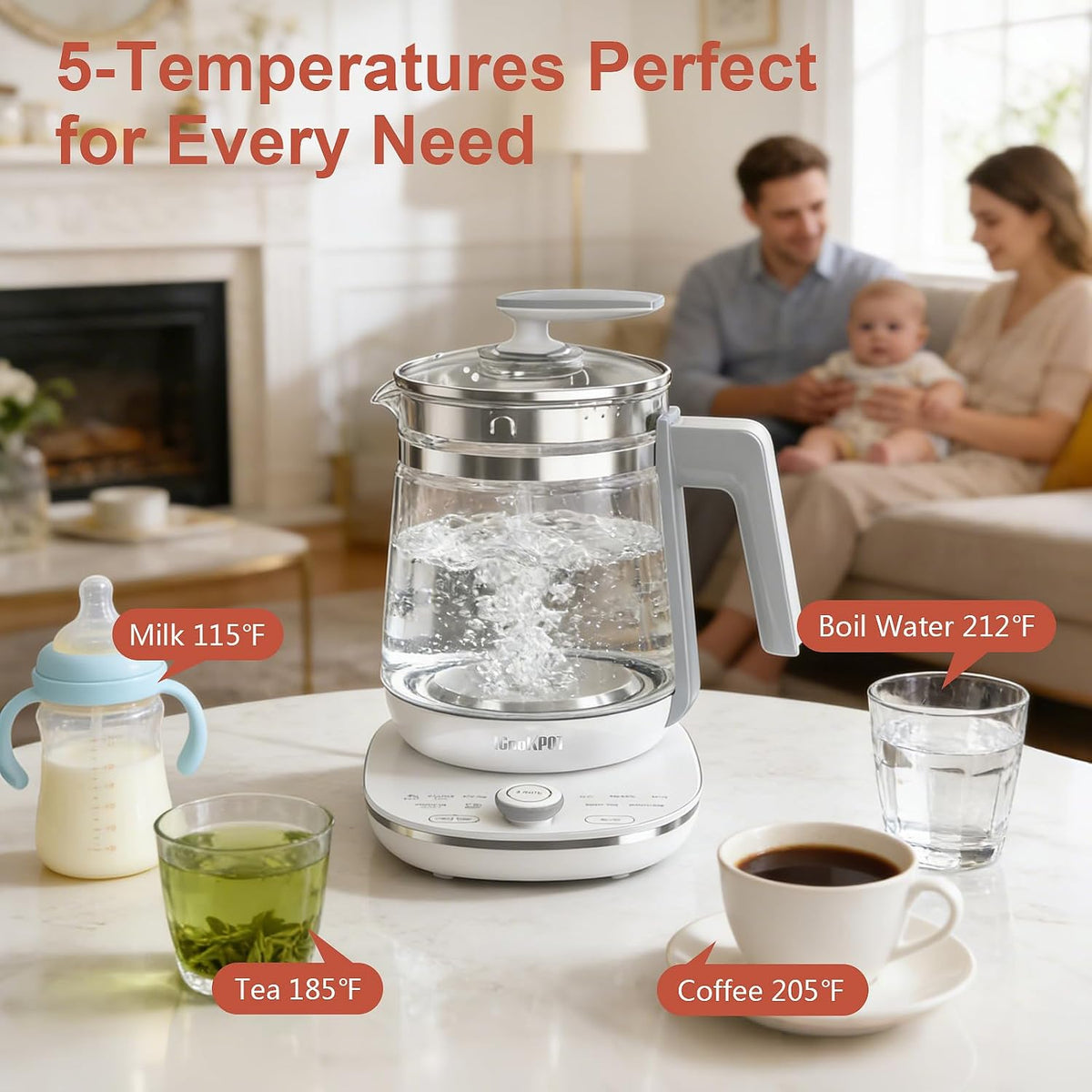 Electric Kettle 1.5L Borosilicate Glass, 1200W Temperature Control Tea Kettle with Auto Shut-Off & Boil-Dry Protection, BPA-Free Stainless Steel Base, Fast Boil for Coffee & Keep Warm, White