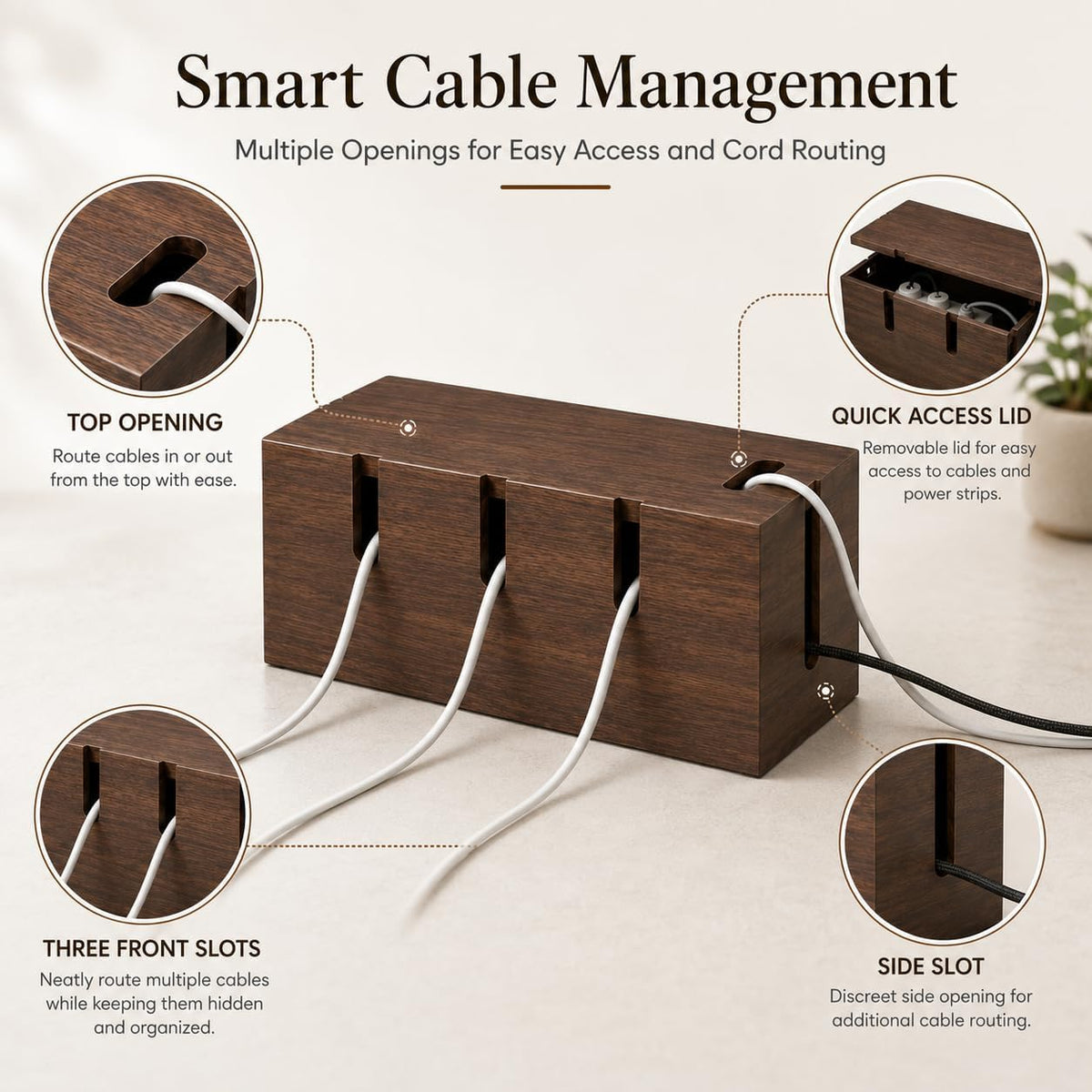 Large Acacia Wood Cable Management Box for Power Strips