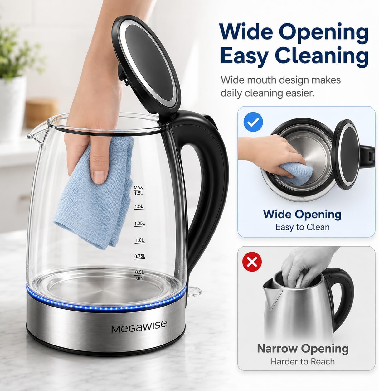 MEGAWISE 1.8 L Glass Electric Kettle, 1000W, Auto Shut-Off, Black