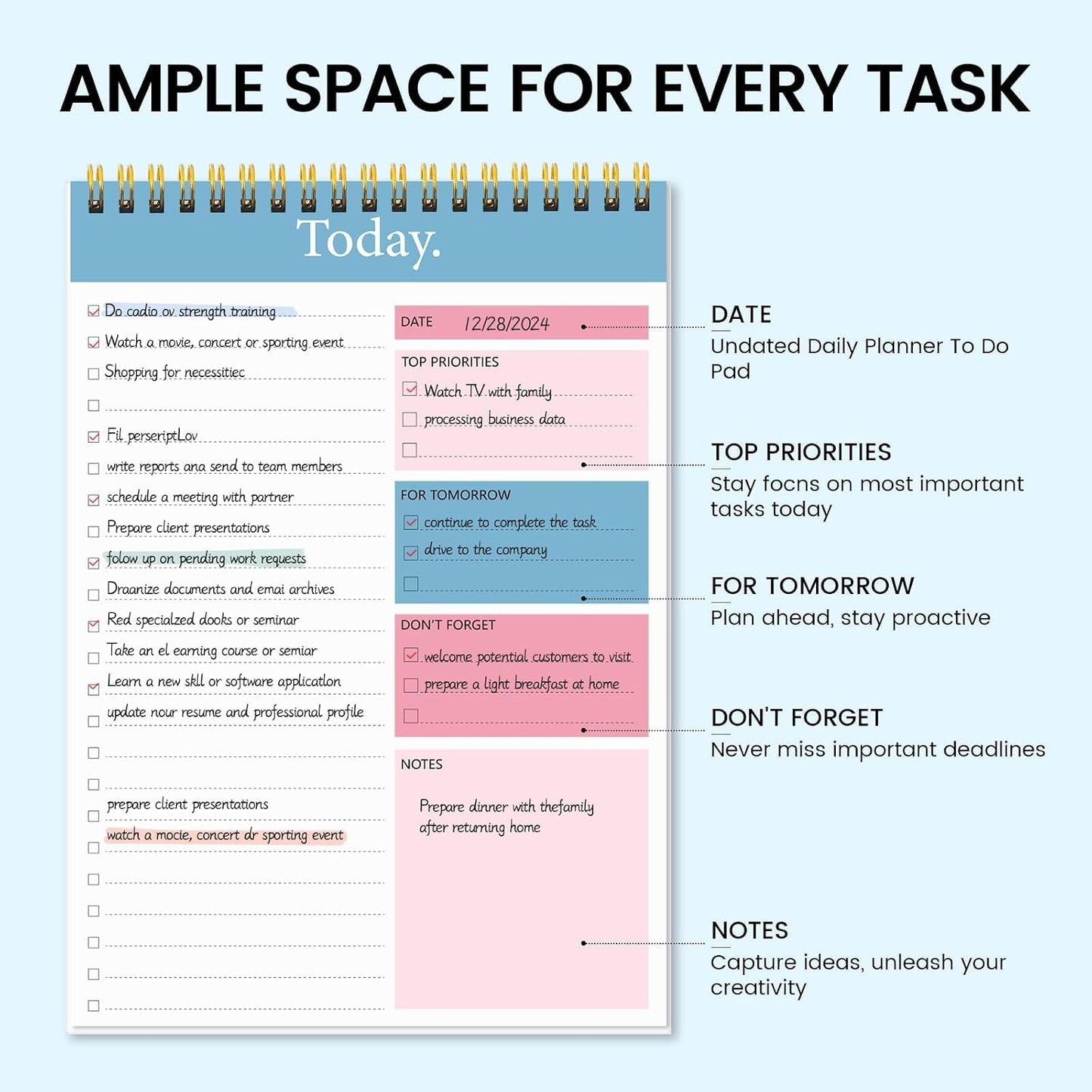 To Do List Notepad - Daily Planner Notepad 104 Pages Task Planner, 6.7" x 9.8" Double Sided Spiral Notebook with Checklist Productivity Planning Pad for Work Office Home-Pink