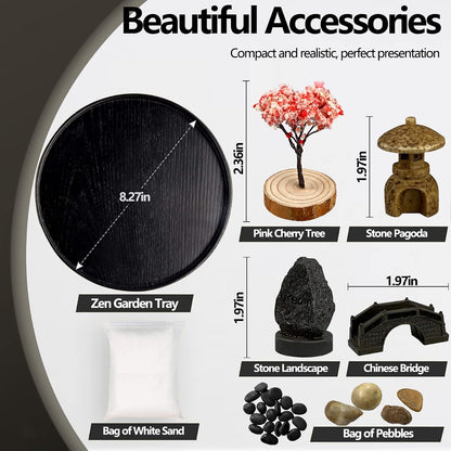 Zen Garden for Desk Japanese Zen Garden Kit 8 Inch Large Round with 6 Sand Rake and Accessories Tray Mini Desktop Zen Decor for Home Office Gift Therapy Relaxation Meditation