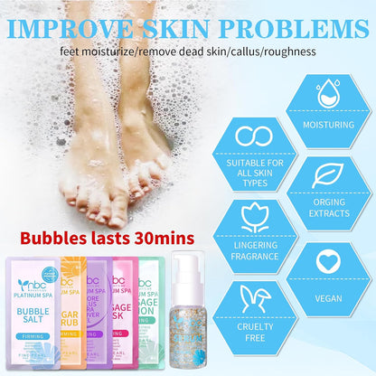 Pedicure Kit Foot Soak Set: Bubble Salt, Sugar Scrub, Massage Mask, Massage Lotion in a Box, 4 Step Foot Spa Kit for Dry Feet, Softens Calluses, Tired Feet（3 Set Lavender) - Colors B