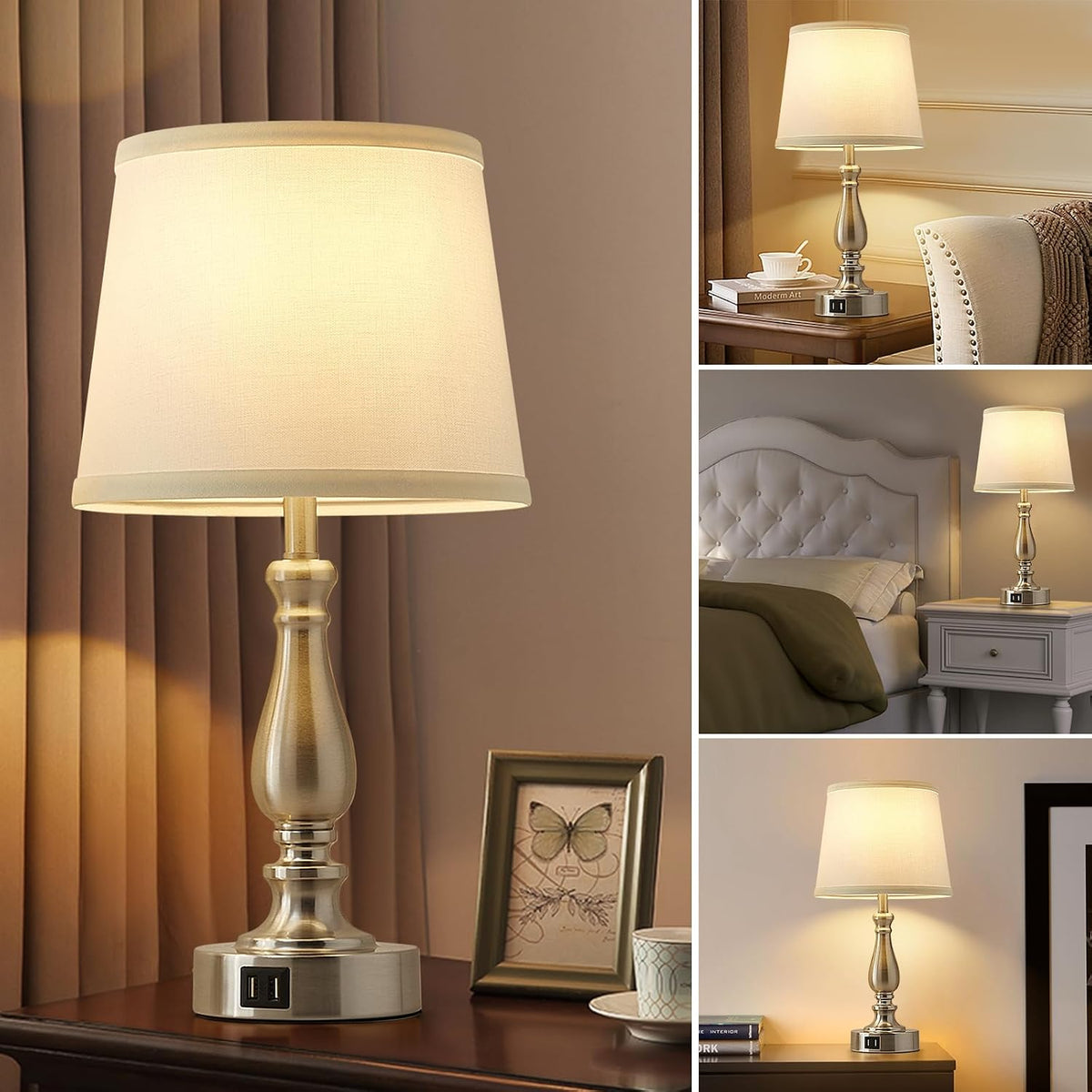 EJIAXIN Lamps for Bedrooms Set of 2, Brushed Nickel Bedside Lamps with USB C+A Ports,Dimmable Nightstand Lamps with Fabric Lampshade, Touch Table Lamp for Living Room Bedroom Office, Bulbs Included