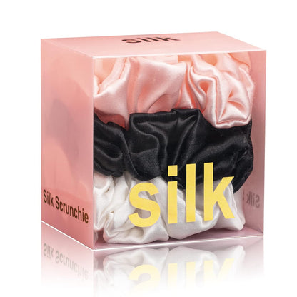 Silk Scrunchies for Hair 100% Mulberry Silk Hair Ties 3 Pack(Black, Navy Blue, Emerald)