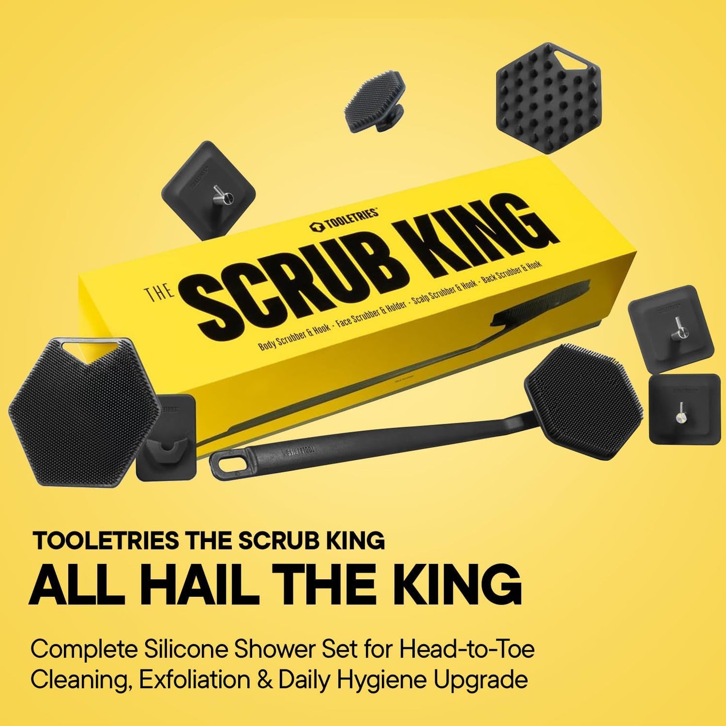 TOOLETRIES The Scrub King Silicone Shower Set for Men & Women, Hygienic Silicone Exfoliating Bath Set with Back Scrubber, Body Scrubber, Face Scrubber, Scalp Massager, Hooks & Holder - Charcoal