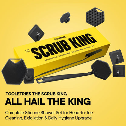 TOOLETRIES The Scrub King Silicone Shower Set for Men & Women, Hygienic Silicone Exfoliating Bath Set with Back Scrubber, Body Scrubber, Face Scrubber, Scalp Massager, Hooks & Holder - Charcoal