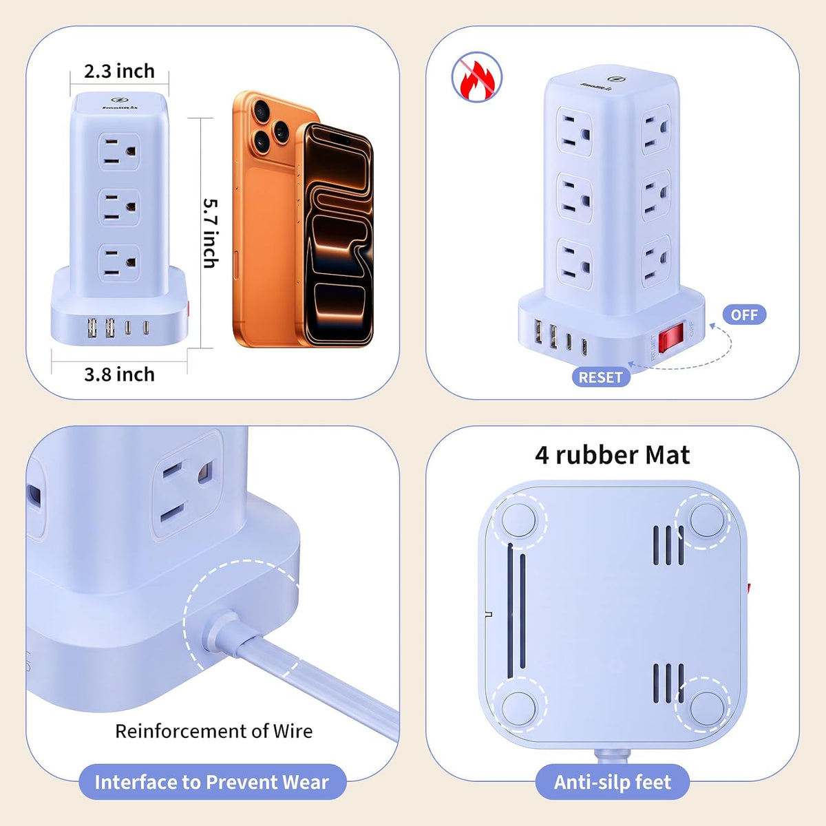 Extension Cord with Multiple Outlets, SMALLRT Power Strip Tower, Outlet Extender with 12 AC Outlets 4 USB, 6.5FT Extension Cord for Home Dorm Room, Office Supplies,Overload Protection