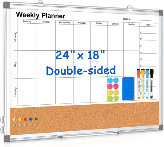 Weekly Dry Erase Calendar Whiteboard for Wall, 24" x 18" Cork Week Planner
