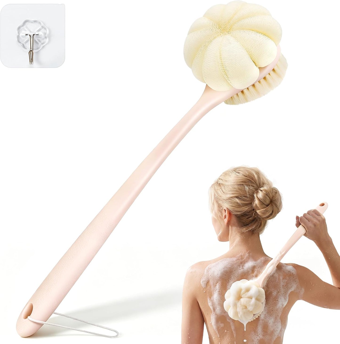 Back Scrubber for Shower, 15.7" Loofah with Handle, Back Shower Brush with Bristles and Loofah, Dry Brushing Body Brush for Cleanse Back and Hard to Reach Areas with Curved Long Handle