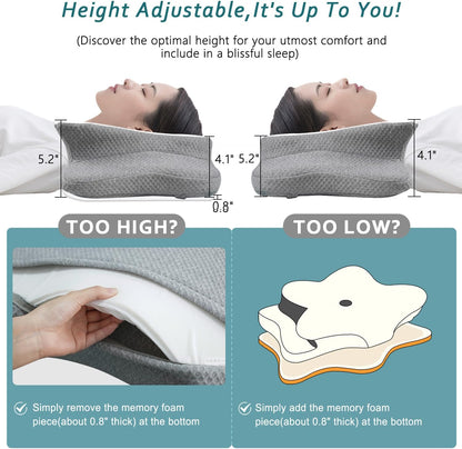 CHxxy Cervical Neck Pillow for Pain Relief Sleeping, Memory Foam Pillows, Ergonomic Side Sleeper Pillows, Cooling Orthopedic Neck Support Pillow for Back Stomach Sleepers-Queen Size Grey&Grey