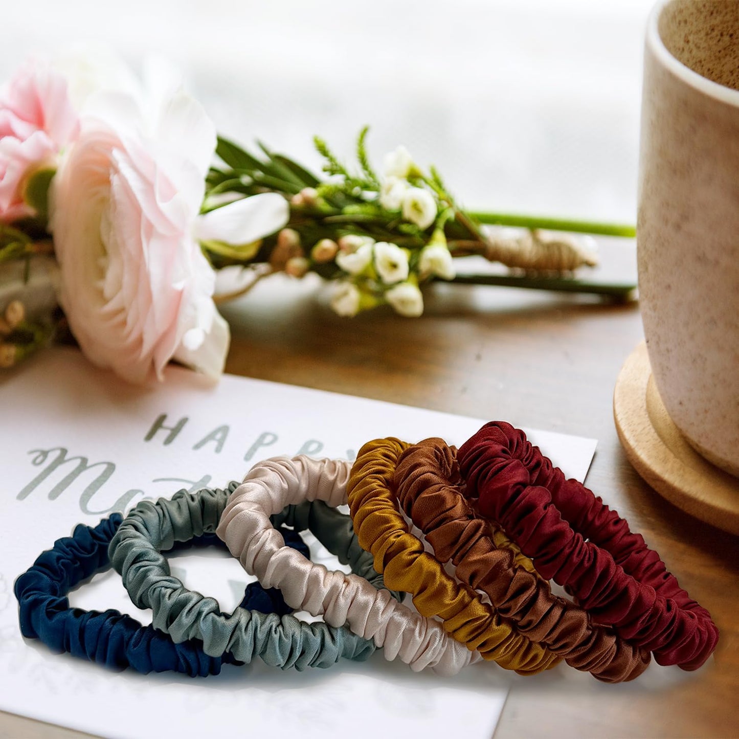 VLOMOT 6 Pcs Set 100% Pure Mulberry Silk Hair Scrunchies - 6 Chic Colors Everyday Skinny Scrunchies Silk Ponytail Holders - No Damage (Purple)