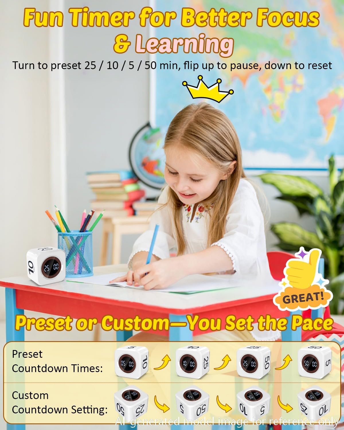 Digital Pomodoro Timer Cube 5/10/25/50min, Visual Productivity Flip Timer for Kids Classroom Desk, Custom Countdown, Silent and Sound Mode for ADHD Study Work Game Kitchen (Orange)