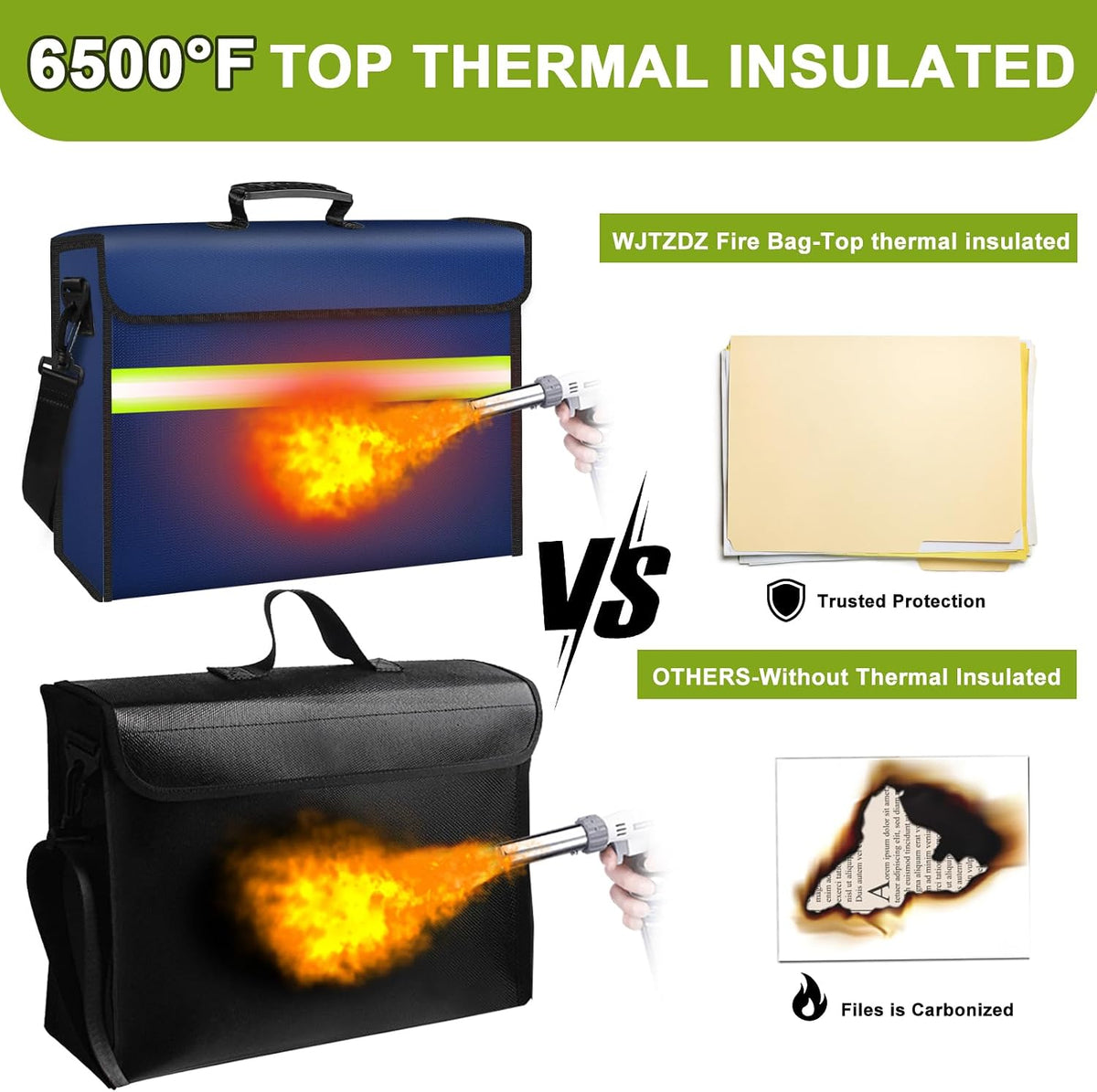 6500°F Fireproof Document Bag with Lock-Fireproof Box with 10 Layers Insulation Materials&Waterproof Zipper,Removable Wallet,Reflective Strip for Cash,Documents,Jewelry(14.2”x 9.6”x 4.1”)
