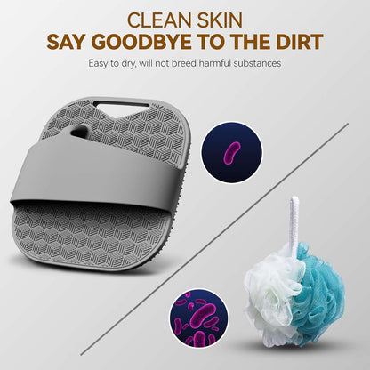 Silicone Body Scrubber for Men Women, Friendly Shower Body Scrubber for Sensitive Skin, Silicone Loofahfor Showering with Richer Foam Bristles and Anti-Slippery Handle, Gray