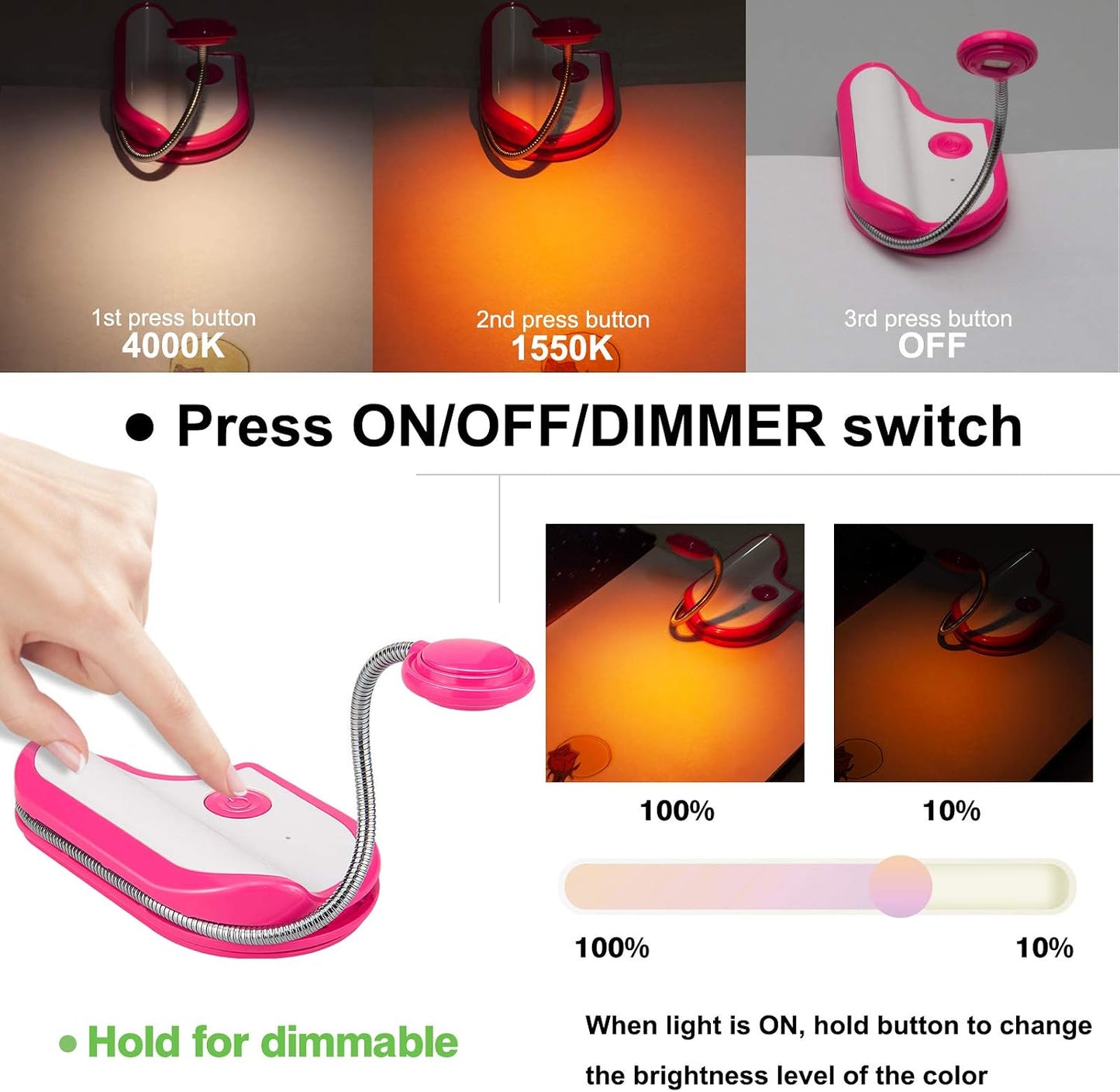 BIGMONAT Rechargeable Reading Light for Kids,Small Amber Book Light,Multi Colors Portable LED Reading Lamp with 361° Rotary Light Neck,Wireless Clip Reading Light for Books (White)