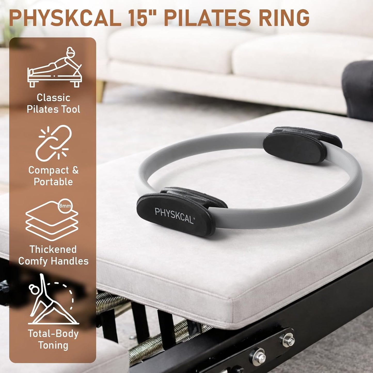 PhysKcal Pilates Ring, 15-Inch Magic Circle with Thick Padded Handle | Pilates Equipment for Toning Inner Thighs, Arms and Strengthening Cores with Workout Sheet Included