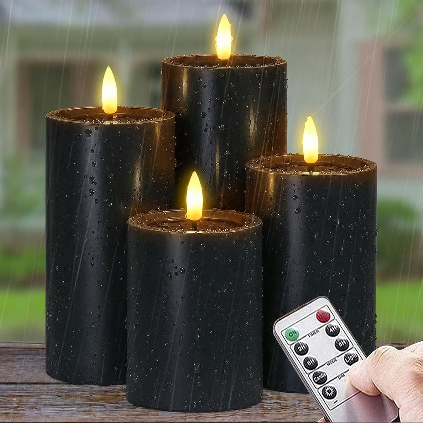 Yeelida Outdoor 4pcs Flameless Waterproof Candles with Handy Remote Control, Cycle Timer Battery Operated Candle Grease Effect LED Flickering Pillar Plastic Long Lasting (Ivory, 3" x4" 5" 6" 7")